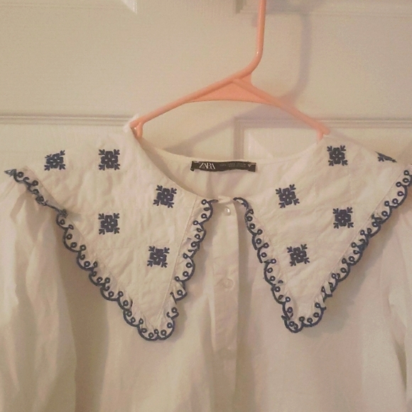 Zara top embroidery  collar size large white and blue - Picture 2 of 7